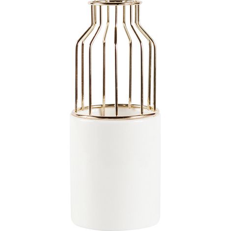 Un vase en céramique blanche et fer forgé, pot de fleurs de table avec support en fer, petit pot de fleurs, idéal pour la décoration de mariage, doré. (1/5)