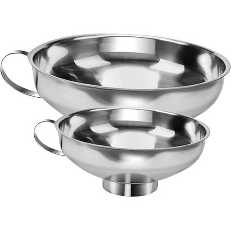 Imbuto in due pezzi, 12,5 x 10,5 x 4,3 cm e 17 x 15 x 5,8 cm, in acciaio inox con ampia apertura per il travaso di liquidi in cucina. (1/5)