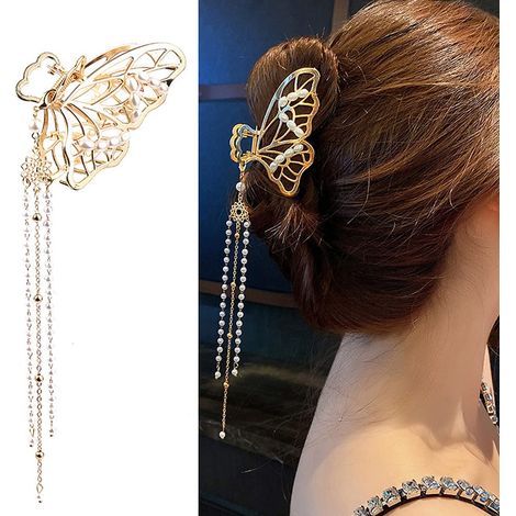Pince à cheveux papillon (1 pièce) en métal doré, pince à cheveux tendance antidérapante avec pompon papillon, accessoire de coiffure pour cheveux épais et fins, pour femmes et filles (1/3)