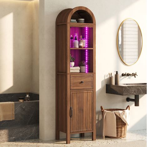 Armario alto de baño con LED RGB, 163 cm, MDF madera oscura, 2 puertas reversibles, cajón y estantes regulables con cierre suave  para baño ordenado-FLORAGRACE (1/5)