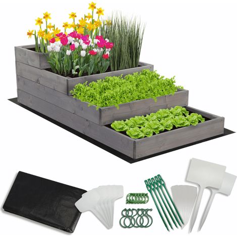 MODO24 Carré potager surélevé en bois, 4 niveaux en cascade, 36x60x120 cm, jardin/terrasse, kit jardinier inclus, gris imprégné