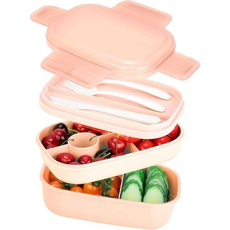 Lunch Box 1900ml Boite Repas Adulte Enfant, Bento Box 3 Étages Avec Couverts, Compartimentée et Hermétique, Rose (1/4)
