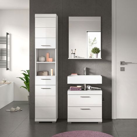Ensemble 2 meubles salle de bain avec miroir blanc brillant - KAN
