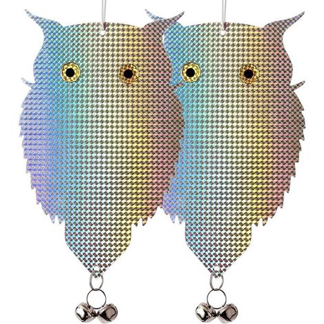 Búhos reflectantes de plástico con cascabeles para ahuyentar palomas en el jardín - 2 unidades para una eficaz prevención de aves. (1/5)