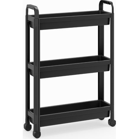Carrito de cocina rodante delgado de 3 niveles con asas, color negro.