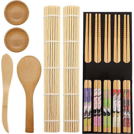 Kit de fabrication de sushis en bambou (11 pièces) comprenant : tapis de roulage, riz et baguettes. (1/5)