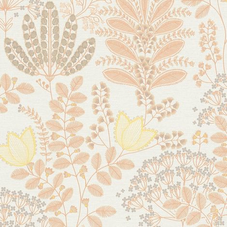 Blumen Tapete Profhome 393491 heißgeprägte Vliestapete leicht strukturiert mit floralen Ornamenten matt creme grau gelb-orange 5,33 m2