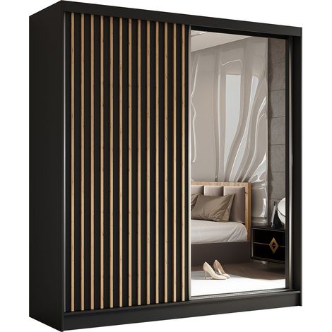 AX LIVING Cabinio Schwebetürenschrank Schwarz Artisan mit Spiegel 200