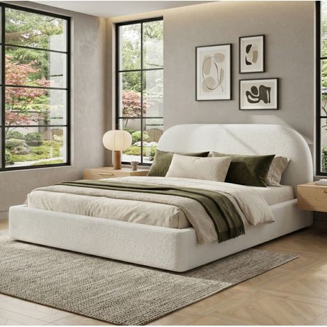 Lit double adulte 180x200 cm en tissu bouclette beige avec sommier, stable, sans matelas – MEUBLIV (1/5)