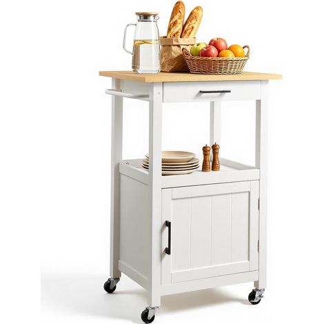 Desserte de Cuisine sur Roulettes avec Plan 55x45 cm, Îlot Central Mobile avec Tiroir, Porte-serviettes, Crochets et Armoire à Porte Simple, Meuble pour Micro-ondes Salle à Manger Garde-manger (1/5)