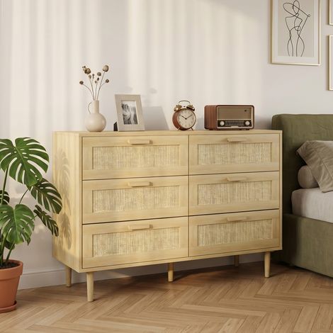 Commode à 6 tiroirs en bois et rotin de style bohème pour le salon et la chambre à coucher, 110x40x75 cm (1/5)
