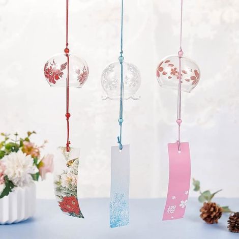 3PCS carillons à Vent Japonais Rose Cerise/Rouge/Bleu Verre Vent Cloches pendentifs Faits à la Main pour Cadeau Mul CARILLON A VENT (1/3)