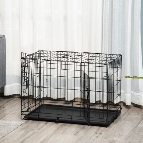 Jaula para perros PawHut, jaula de transporte, jaula de alambre, bandeja base extraíble, negra