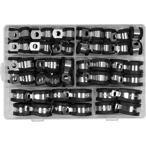 Assortiment de 52 colliers de serrage et de fixation inox avec bande caoutchouc