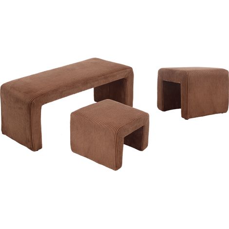 Modern Bench in Fabric with 2 Footstools Upholstered Bed End Bench Accent Window Seat Stool for Bedroom Living Room Hallway, Brown, Wahson