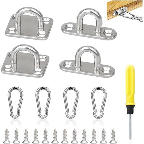 Lot de 4 plaques à œil M5 en acier inoxydable et mousqueton, tournevis, plaque oculaire pour coussins, ferrures pour chaînes de chaise suspendues, sacs de sable, entraînement de yoga, etc. (1/5)