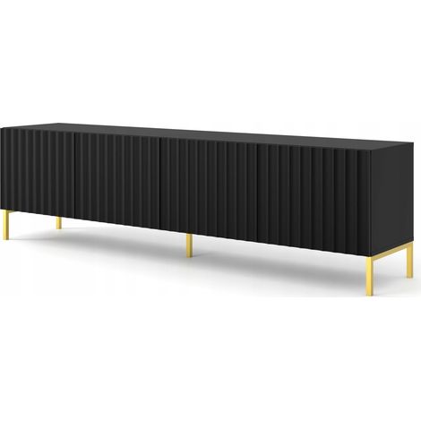 Meuble TV 200x56x42 cm noir mat VAGUE meuble Hi-fi luxueux sur pied avec 4 portes