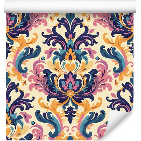 Papier peint baroque damassé crème et bleu pour salon et chambre 50x1000 cm (1/5)