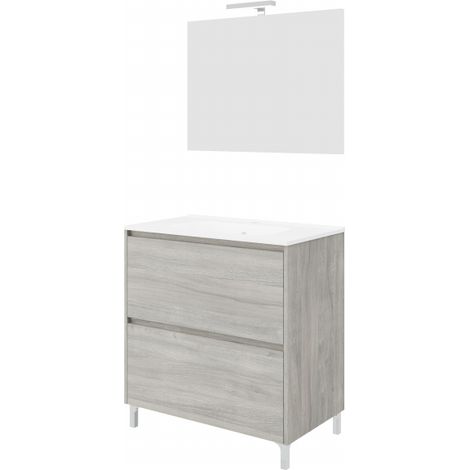 Mobile bagno a terra 80 cm in legno rovere grigio con lavabo e specchio - Francia - Con colonna specchio e lampada LED - Accessorio: Con specchio e lampada LED