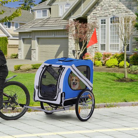 Remolque para bicicleta para perros y otros animales, 8 reflectores, bandera, barra de remolque incluida, 130 x 73 x 90 cm, blanco y azul.