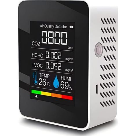 "Détecteur de dioxyde de Carbone 5 en 1 Détecteur de qualité d'air intérieur CO2 Compteur numérique TVOC HCHO Moniteur de température(blanc) " (1/5)