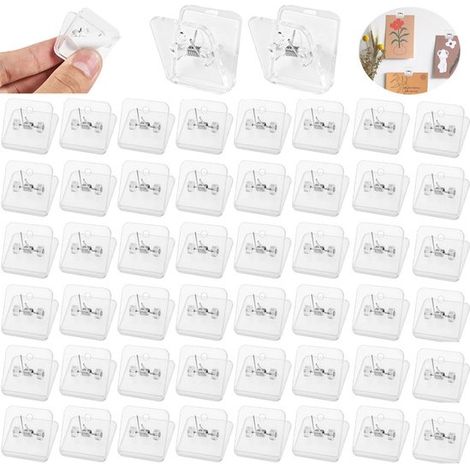 50 unidades, Clips autoadhesivos para tapices, Clips cuadrados de acrílico, Clips autoadhesivos transparentes, fotos y postales (1/5)