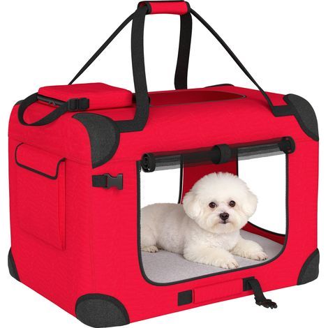 Sac de transport pliable pour chiens et chats (60 x 41,5 x 41 cm) avec fenêtres en filet, coussin moelleux et 2 poignées, rouge. (1/5)