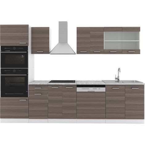 Küchenzeile R-Line, Edelgrau/Weiß, 300 cm mit Hochschrank, ohne Arbeitsplatte, Vicco