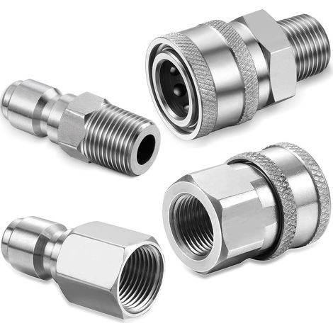 Lot de 4 raccords pour nettoyeur haute pression - Raccord rapide 1/4" - Accessoire pour nettoyeur haute pression (argenté) (1/5)