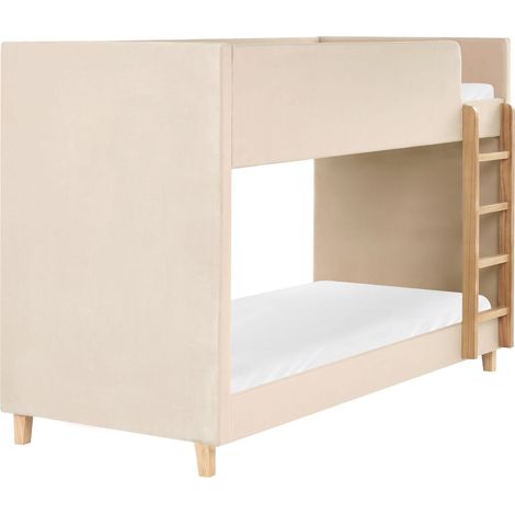 Single Size Bunk Bed Light Beige Velvet Upholstered Poplar Wood Ladder 3ft High Sleeper Children Kids Bedroom CHOCQUES (1/5)