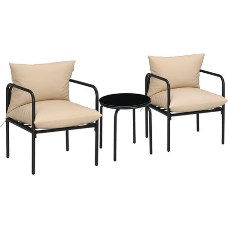 3-teiliges Gartenmöbelset für 2 Personen mit 2 Sesseln und 1 rundem Couchtisch, Metall, schwarz und beige (1/5)