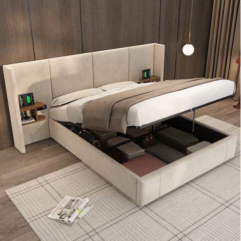 Lit coffre 160x200 avec 2 chevets USB velours beige HAVRYA (1/5)