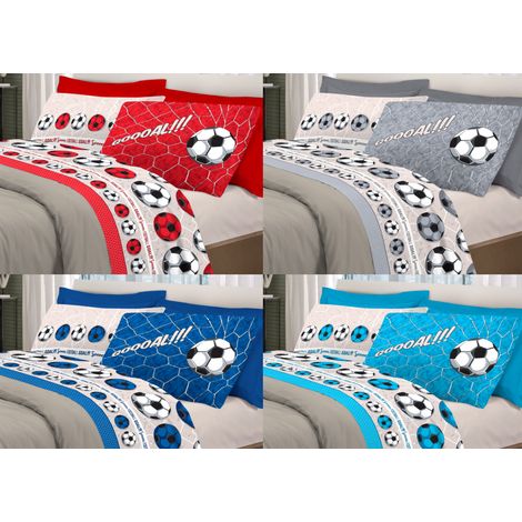 Completo Lenzuola Linea Pensieri Delicati 100% Cotone Disegno Calcio, misuraPiazza E MezzacoloreBlu (1/5)