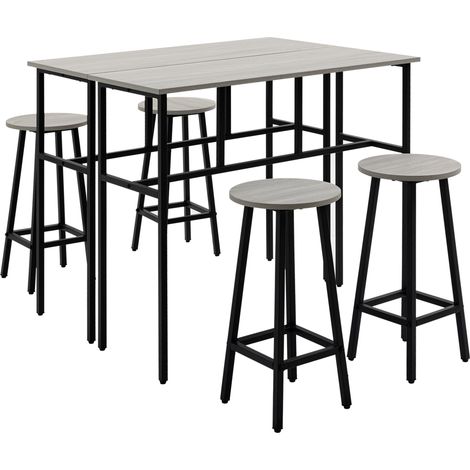 Set de bar industrial de 6 piezas con 2 mesas y 4 taburetes, madera y acero, gris y negro (1/5)