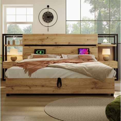 Cama doble industrial 180x200 cm de MDF y metal, color roble, con cabecero de almacenaje y USB/Type-C (1/5)