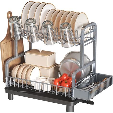 1 - Égouttoir Vaisselle - Acier Inoxydable - 2 Niveaux Avec Porte-gobelets Et Porte-ustensiles - Rangement Cuisine - Argenté - 37,5x27,5x40cm (1/5)