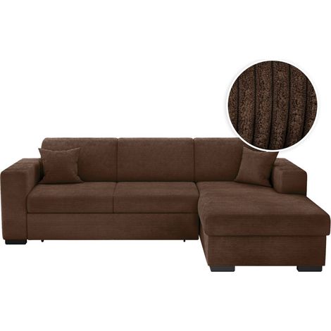 Loungitude – Canapé d'angle convertible avec coffre en velours côtelé – Angle droit – 5 places – Confort optimal – Marron (1/5)