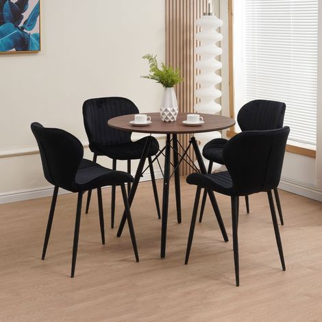 Ensemble repas table ronde noyer + 4 chaises velours noires - SCANDI