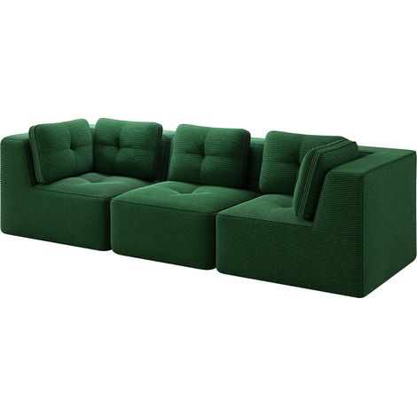 Canapé d'angle modulaire 3 places en velours côtelé vert avec assise profonde, sans cadre rigide (1/5)