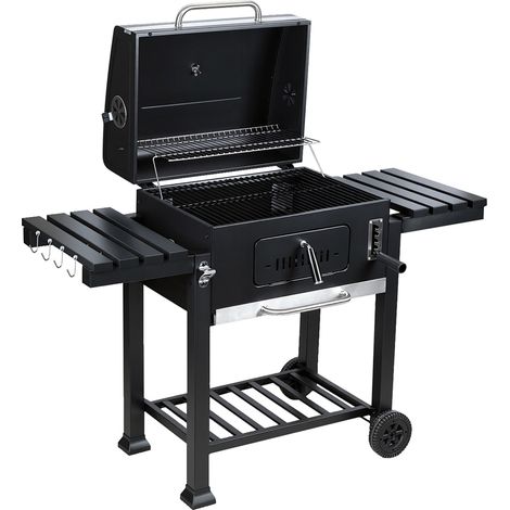Jiubiaz Holzkohlegrill, Gartengrill mit 2 Rädern und Temperaturanzeige, Kohlegrill mit zwei klappbaren Seitenablagen