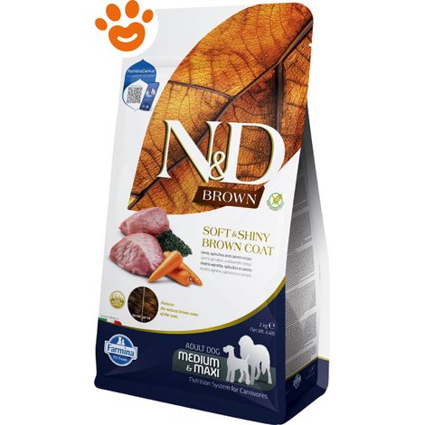Farmina Dog N&D Brown Adult Medium Maxi Agnello, Spirulina e Carote - Sacco 2 Kg - Cibo Secco Cani