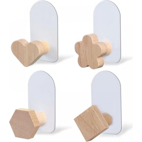 4pcs Kids Wall Hooks No Drilling Wooden Self Adhesive Hooks for Children's Room (1/5)