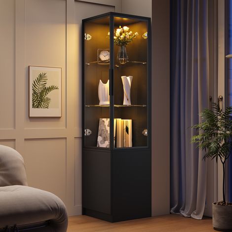 Vitrina de esquina - 40 x 40 x 160 cm - puertas de vidrio templado con marco de aluminio, iluminación LED control por aplicación, estantes de vidrio - estilo moderno - tablero de partículas - negro (1/5)