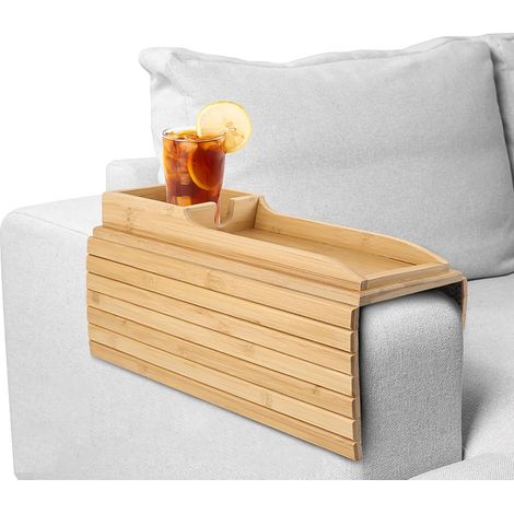 Bandeja plegable de bambú para reposabrazos, portavasos, teléfono, taza, mando a distancia (1/5)