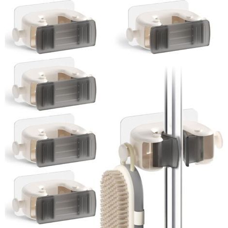 Wall Broom Holder 6 Pieces, Self Adhesive Wall Broom Holder with Non-Slip Silicone Clips, Wall Broom Holder for Kitchen, Bathroom-White (1/5)