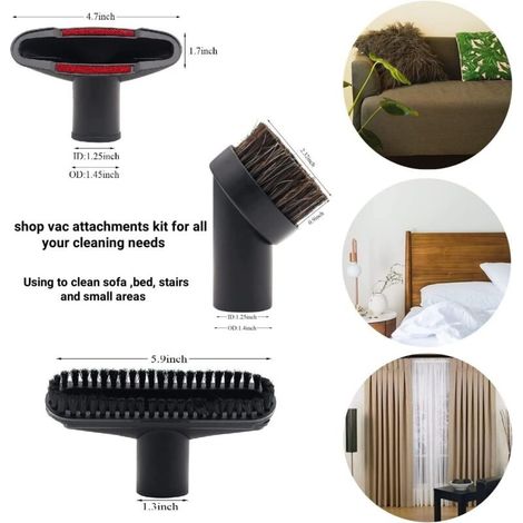 Lot de 9 brosses pour aspirateur d'atelier avec adaptateur de tuyau d'aspirateur de 1 1/4'' à 1 3/8'' et adaptateur pour Dyson V6, kit de brosses pour accessoires de nettoyage ménager (1/4)