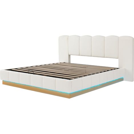 Letto matrimoniale 180 x 200 cm con rete, contenitore idraulico, LED, bianco bouclé HOMVRA (1/5)