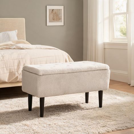 Pouf de rangement beige 95 x 38 x 45 cm tissu effet laine bouclée (1/5)