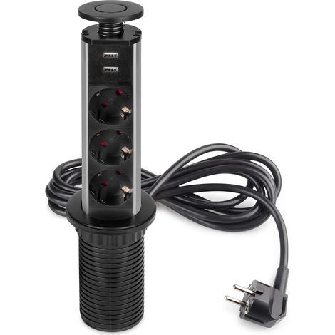 Bloc multiprise escamotable avec 3 Prises EU et 2 Ports USB, Tour multiprise encastrable pour Plan de Travail de Cuisine ou Table de Bureau, Peint en Noir, Plastique et Aluminium (1/5)