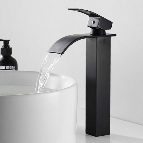 Black Waterfall Tall Spout Single Handle Mixer Tap Tall Sink Single Hole Basin Faucet with Copper Single Handle Mixer Tap for Hot and Cold Water for Bathroom (1/4)